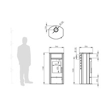 Desen tehnic al unei sobe pe lemne cu dimensiuni în milimetri pentru înălțime, lățime, adâncime și diametrul țevii, plus siluetă pentru scară.