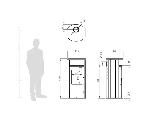 Desen tehnic al unei sobe pe lemne cu dimensiuni în milimetri pentru înălțime, lățime, adâncime și diametrul țevii, plus siluetă pentru scară.