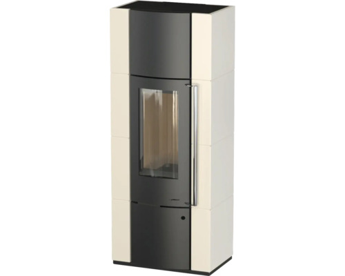 Sobă modernă cu căptușeală ceramică, geam de vizualizare mare și mâner vertical.