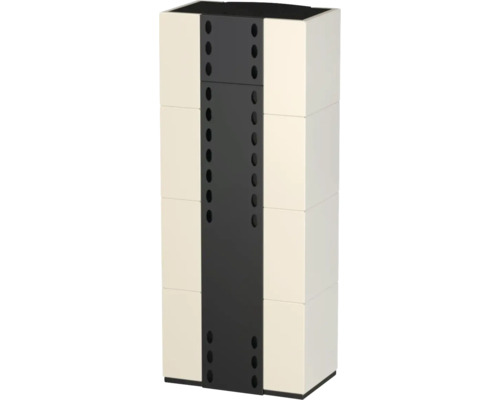 Dulap de depozitare modern în culoarea crem format din module suprapuse cu un panou central negru și decupaje rotunde.