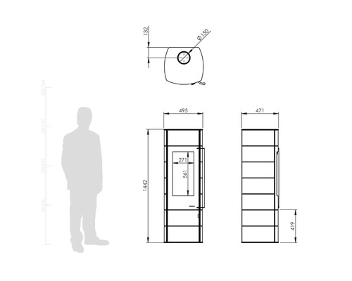 Desen tehnic al unei sobe cu lemne, cu dimensiuni în milimetri și o siluetă umană pentru compararea mărimii.