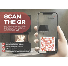 Smartphone care afișează un cod QR pentru a vizualiza un produs Thermia în 3D și realitate augmentată.