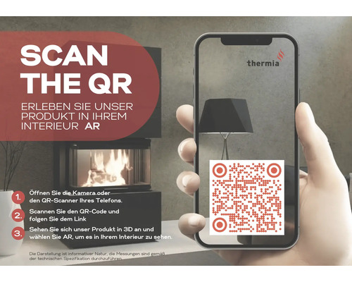 Smartphone care afișează un cod QR pentru a vizualiza un produs Thermia în 3D și realitate augmentată.