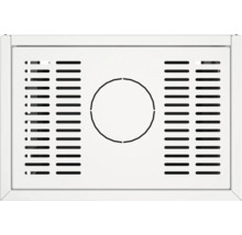Grilă de ventilație dreptunghiulară cu decupaj circular și lamele orizontale.