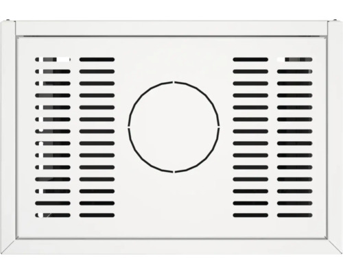 Grilă de ventilație dreptunghiulară cu decupaj circular și lamele orizontale.