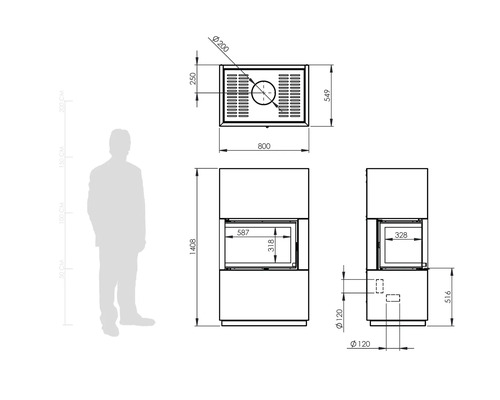 Desen tehnic pentru șemineu cu vedere frontală, laterală și de sus plus o siluetă pentru scară. Dimensiuni în milimetri.