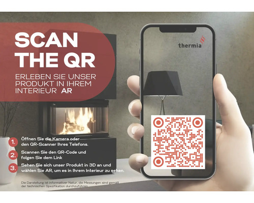 Cod QR pe un smartphone pentru vizualizarea în realitate augmentată a unui șemineu Thermia în propria cameră.