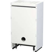 Carcasă albă pentru unitate de încălzire cu grilă de ventilație superioară, orificiu circular jos și cadru metalic negru cu picioare.
