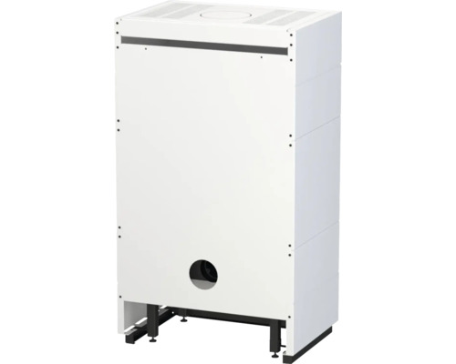 Carcasă albă pentru unitate de încălzire cu grilă de ventilație superioară, orificiu circular jos și cadru metalic negru cu picioare.