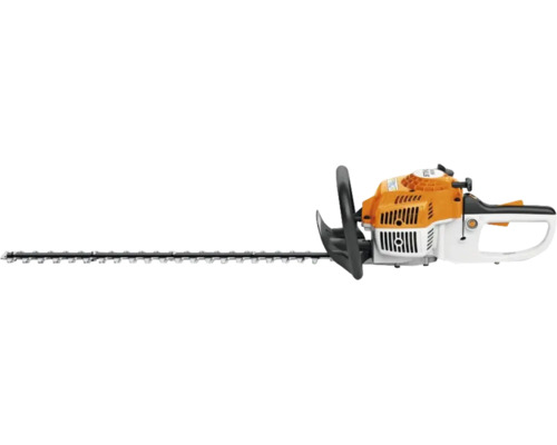 Trimmer pentru gard viu pe benzină Stihl cu lamă lungă și mâner ergonomic.