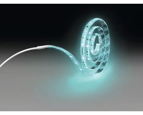 Bandă LED Philips cu Philips Logo, flexibilă, luminoasă, cu cablu de alimentare și bandă adezivă cu 3M Logo pe spate.