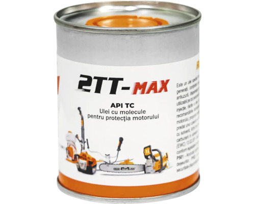 Ulei pentru motoare în doi timpi 2TT-MAX API TC pentru protecția motorului, adecvat pentru motoferăstraie și motocoase, în doză metalică.