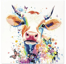 Tablou modern pe pânză cu motiv de vacă colorată și fluturi în stil artistic abstract.