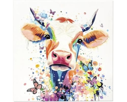 Tablou modern pe pânză cu motiv de vacă colorată și fluturi în stil artistic abstract.