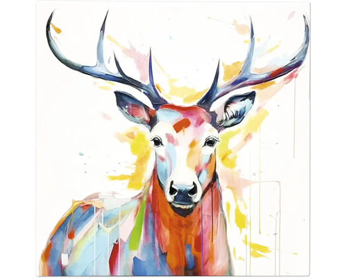 Tablou pe pânză cu ilustrație colorată a unui cerb cu coarne.
