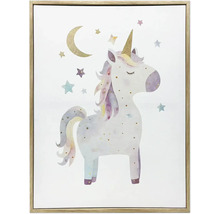 Tablou pe pânză înrămat cu motiv unicorn, lună și stele.