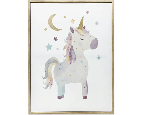 Tablou pe pânză înrămat cu motiv unicorn, lună și stele.
