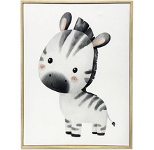 Tablou pentru camera copiilor cu o ilustrație a unei zebre pui în stil acuarelă într-o ramă subțire de lemn.