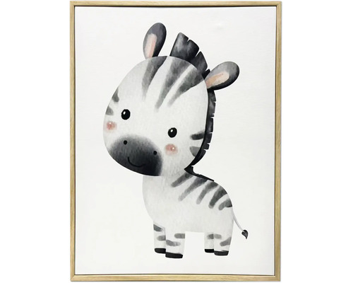 Tablou pentru camera copiilor cu o ilustrație a unei zebre pui în stil acuarelă într-o ramă subțire de lemn.