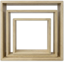 Set de trei rafturi de perete din lemn cu formă pătrată, dimensiuni diferite, introduse unul în celălalt.