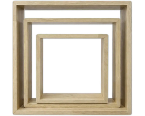 Set de trei rafturi de perete din lemn cu formă pătrată, dimensiuni diferite, introduse unul în celălalt.
