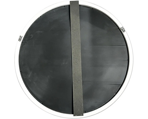 Partea din spate a unei oglinzi rotunde cu o bară metalică verticală și cleme de fixare pe margine.