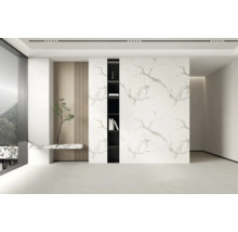 Design modern de perete cu plăci ceramice de format mare cu aspect de marmură, raft negru integrat și lamele verticale din lemn.