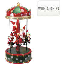 Carusel de Crăciun roșu și verde cu figurine Moș Crăciun și iluminare cu adaptor inclus.