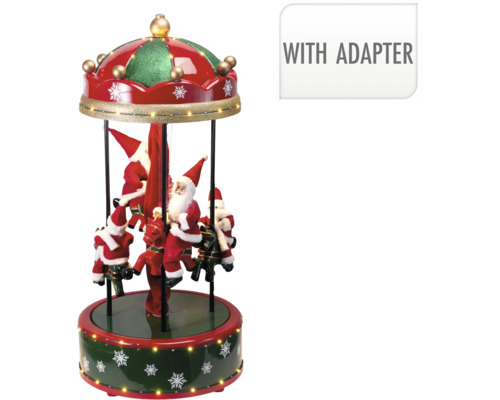 Carusel de Crăciun roșu și verde cu figurine Moș Crăciun și iluminare cu adaptor inclus.