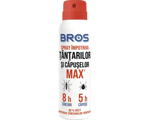 BROS spray împotriva țânțarilor și căpușelor Max, 30 la sută DEET, protecție de 8 ore împotriva țânțarilor și 5 ore împotriva căpușelor.