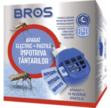 Set aparat electric BROS impotriva tantarilor cu dispozitiv de priza si zece pastile care ofera protectie peste noapte chiar si cu geamul deschis.