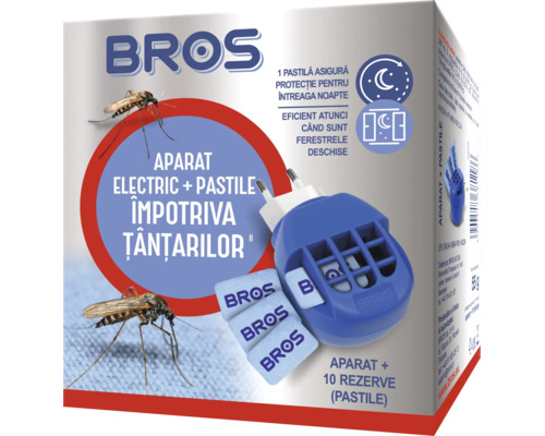 Set aparat electric BROS impotriva tantarilor cu dispozitiv de priza si zece pastile care ofera protectie peste noapte chiar si cu geamul deschis.