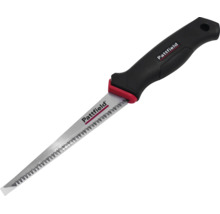 Fierăstrău pentru gips-carton Pattfield cu lamă ascuțită din oțel, mâner ergonomic negru și roșu și Pattfield Logo.