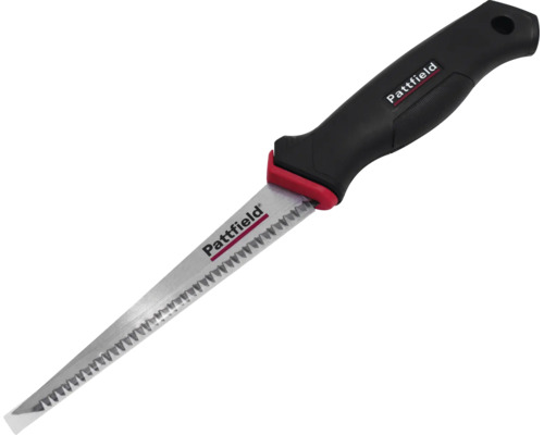Fierăstrău pentru gips-carton Pattfield cu lamă ascuțită din oțel, mâner ergonomic negru și roșu și Pattfield Logo.