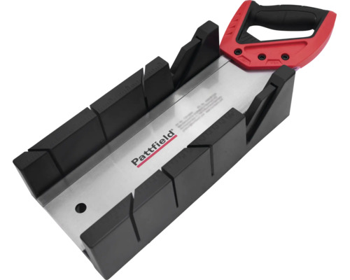 Cutie pentru tăieri în unghi Pattfield din plastic, inclusiv fierăstrău manual cu pânză metalică pentru tăieri precise.