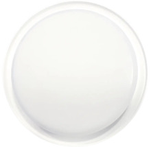 Plafonieră rotundă și plată din plastic, de culoare albă.