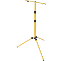 Stativ telescopic pentru proiectoare de șantier din metal galben cu trepied și suport pentru două lămpi.
