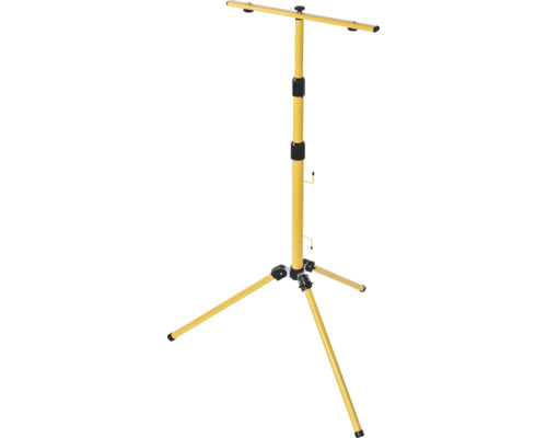 Stativ telescopic pentru proiectoare de șantier din metal galben cu trepied și suport pentru două lămpi.