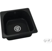 Chiuvetă încorporată pătrată din material compozit pe negru cu o cuvă și scurgere. Fat Logo.