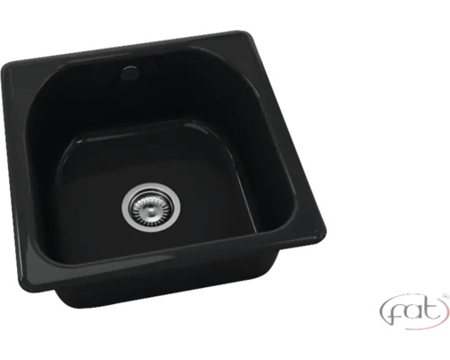 Chiuvetă încorporată pătrată din material compozit pe negru cu o cuvă și scurgere. Fat Logo.