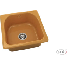 Chiuvetă de bucătărie încastrată, culoare ocru, cu o cuvă, scurgere și preaplin. Fat Logo.