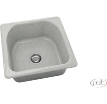 Chiuvetă de bucătărie încorporabilă gri din compozit de granit cu o cuvă, ventil cu sită, preaplin și Fat Logo.