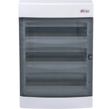 Tablou de distribuție ETI cu trei rânduri și ușă transparentă pentru instalații electrice.