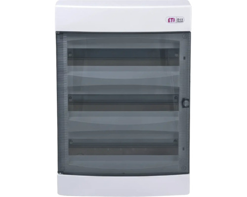Tablou de distribuție ETI cu trei rânduri și ușă transparentă pentru instalații electrice.