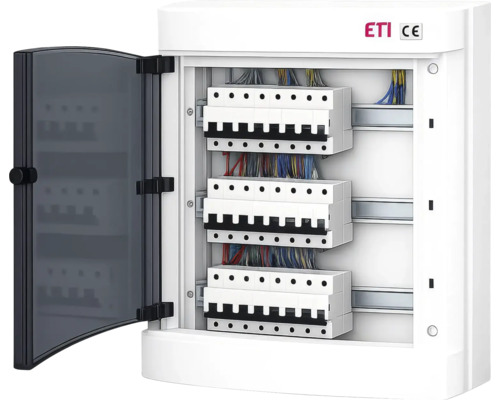 Tablou electric mic ETI cu trei rânduri, întrerupătoare automate și o ușă transparentă deschisă. Logo ETI. Marcaj CE.