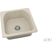 Chiuvetă de bucătărie dreptunghiulară bej cu o cuvă din material compozit, scurgere integrată, sită și preaplin. Fat Logo.
