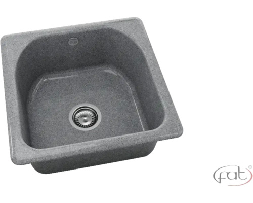 Chiuvetă de bucătărie pătrată din material compozit gri cu scurgere și preaplin. Fat Logo.