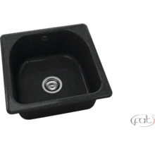Chiuvetă de bucătărie pătrată din compozit de granit negru, cu o cuvă, ventil cu sită și FAT Logo.
