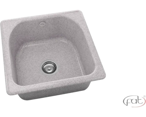 Chiuvetă de bucătărie pătrată din material compozit cu o singură cuvă, scurgere și preaplin. fat Logo.