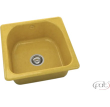 Chiuvetă de bucătărie pătrată galbenă din material compozit cu scurgere și preaplin. fat Logo.
